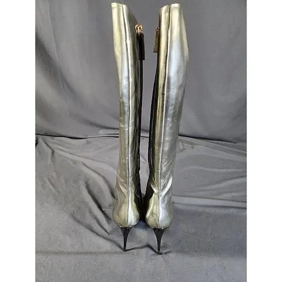 Vintage Giuseppe Zanotti Silver 5' Stiletto Knee High Leather Go-Go Boots 40 - Picture 5 of 9